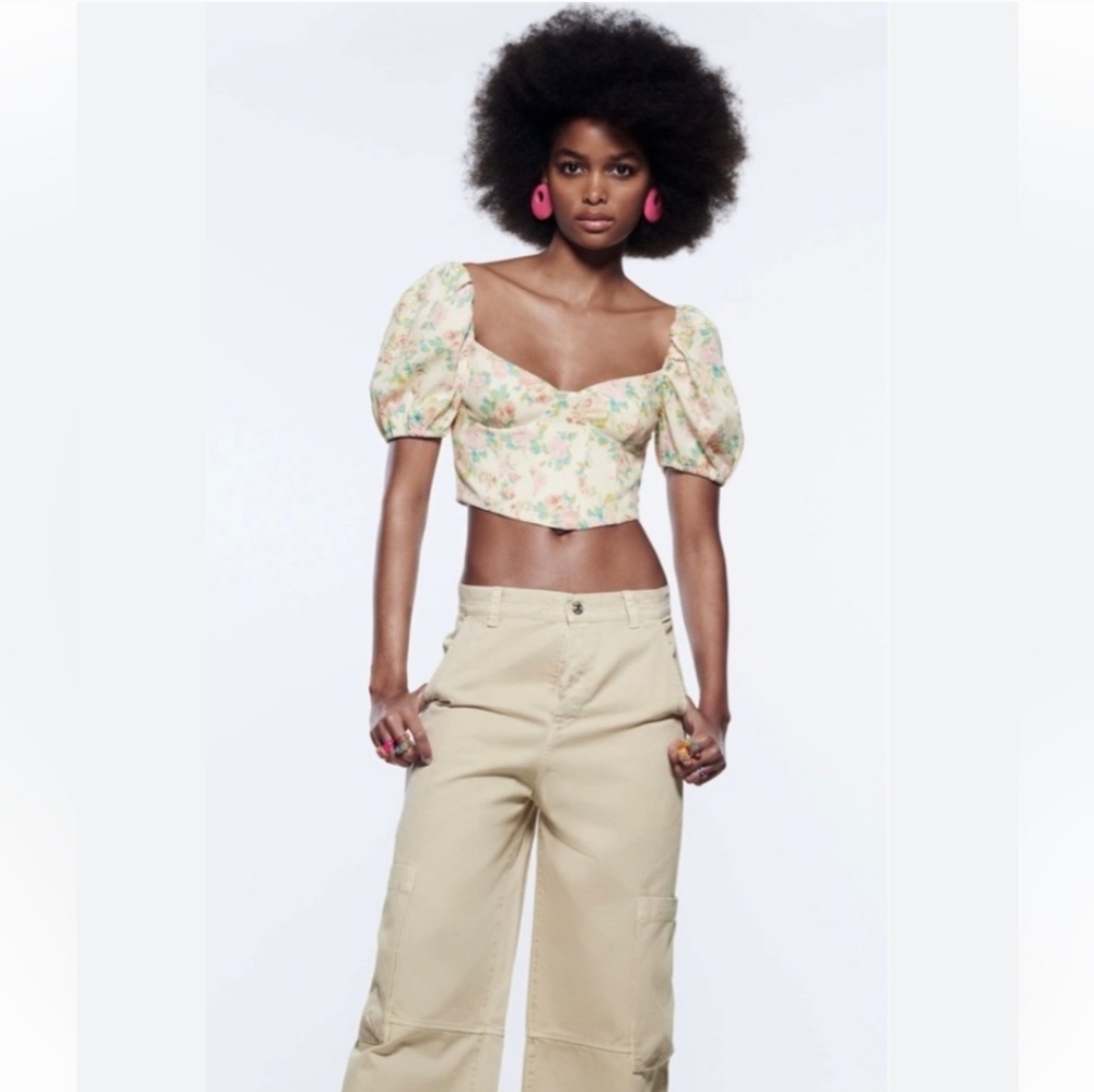 NWOT WOMEN'S ZARA FLORAL PRINTED CORSET CROP TOP BALLOON SLEEVE SHIRT SZ M $50 - Picture 1 of 4